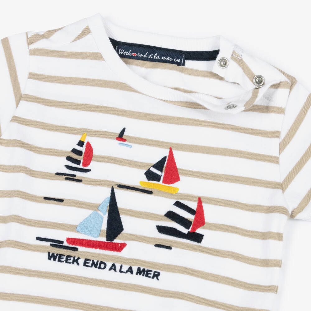 Week-end à la mer-Boys White & Beige Stripe Cotton T-Shirt | Childrensalon Outlet