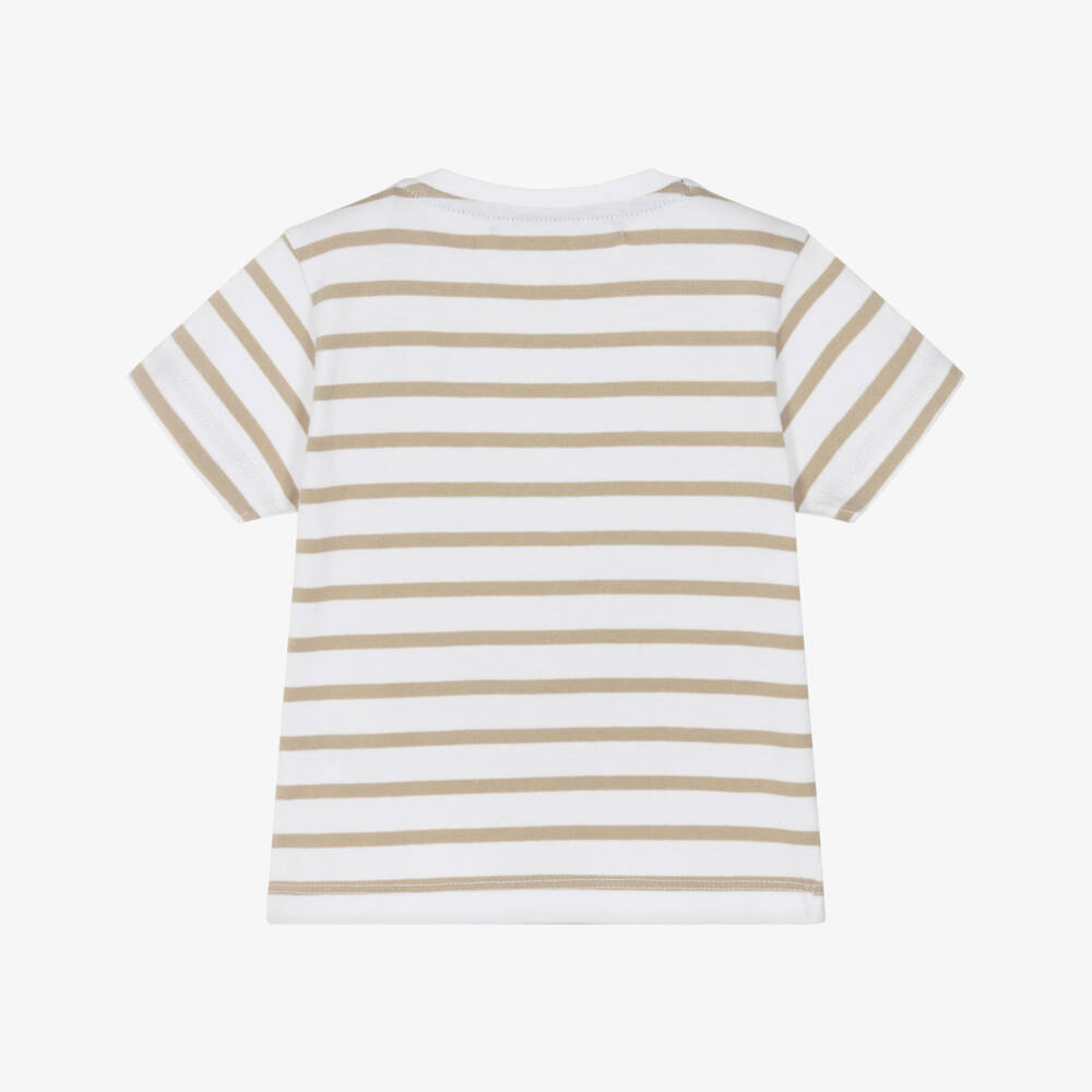 Week-end à la mer-Boys White & Beige Stripe Cotton T-Shirt | Childrensalon Outlet