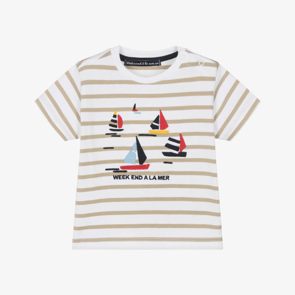 Week-end à la mer-Boys White & Beige Stripe Cotton T-Shirt | Childrensalon Outlet