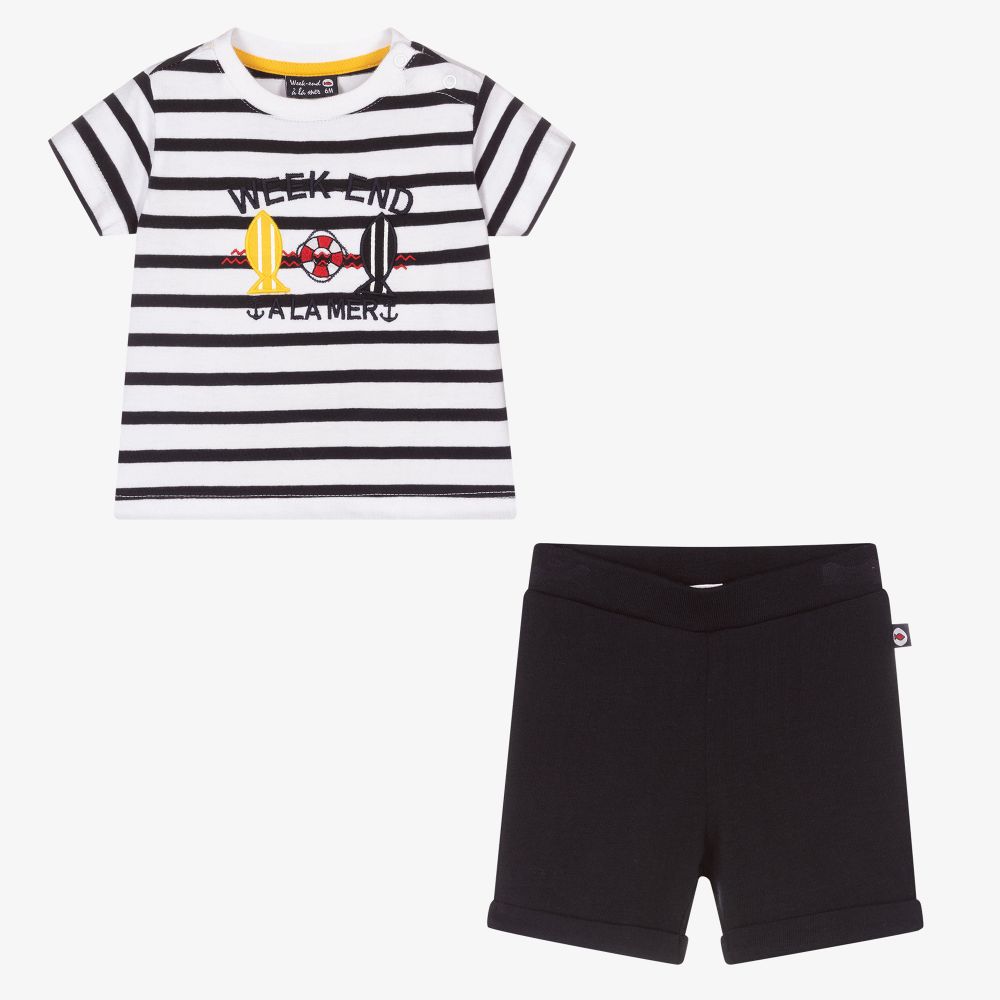 Week-end à la mer-طقم شورت أطفال ولادي قطن لون أبيض وكحلي | Childrensalon Outlet