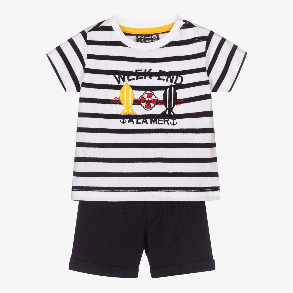 Week-end à la mer - Boys White & Blue Shorts Set  | Childrensalon