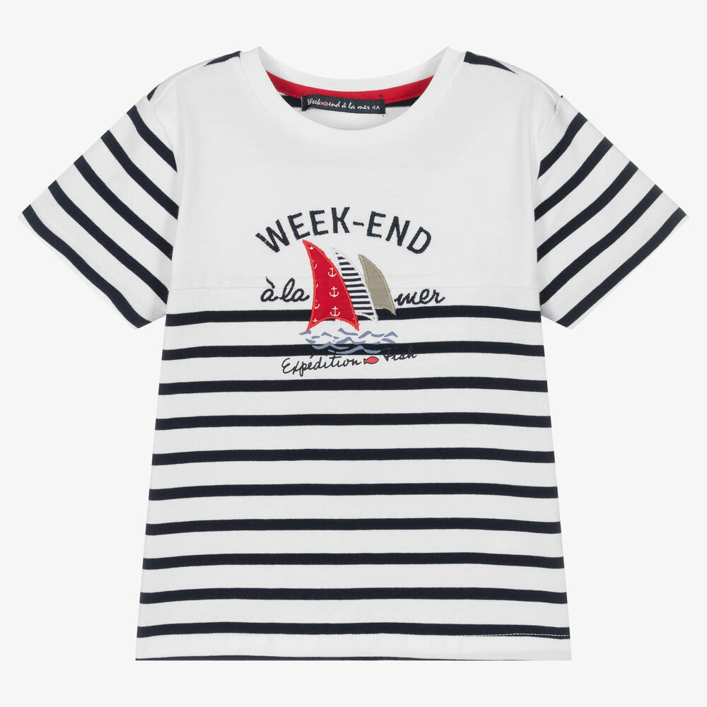 Week-end à la mer - Boys White Breton Stripe Boat T-Shirt | Childrensalon