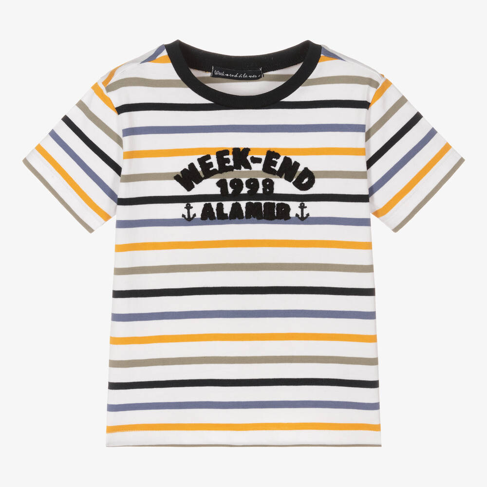 Week-end à la mer - Boys White Breton Stripe Cotton T-Shirt | Childrensalon