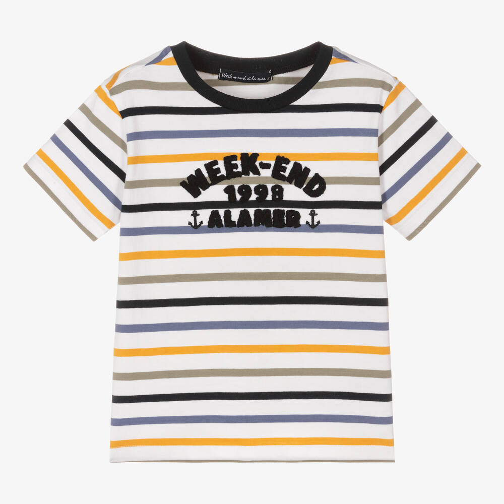 Week-end à la mer - T-shirt blanc rayé en coton garçon | Childrensalon