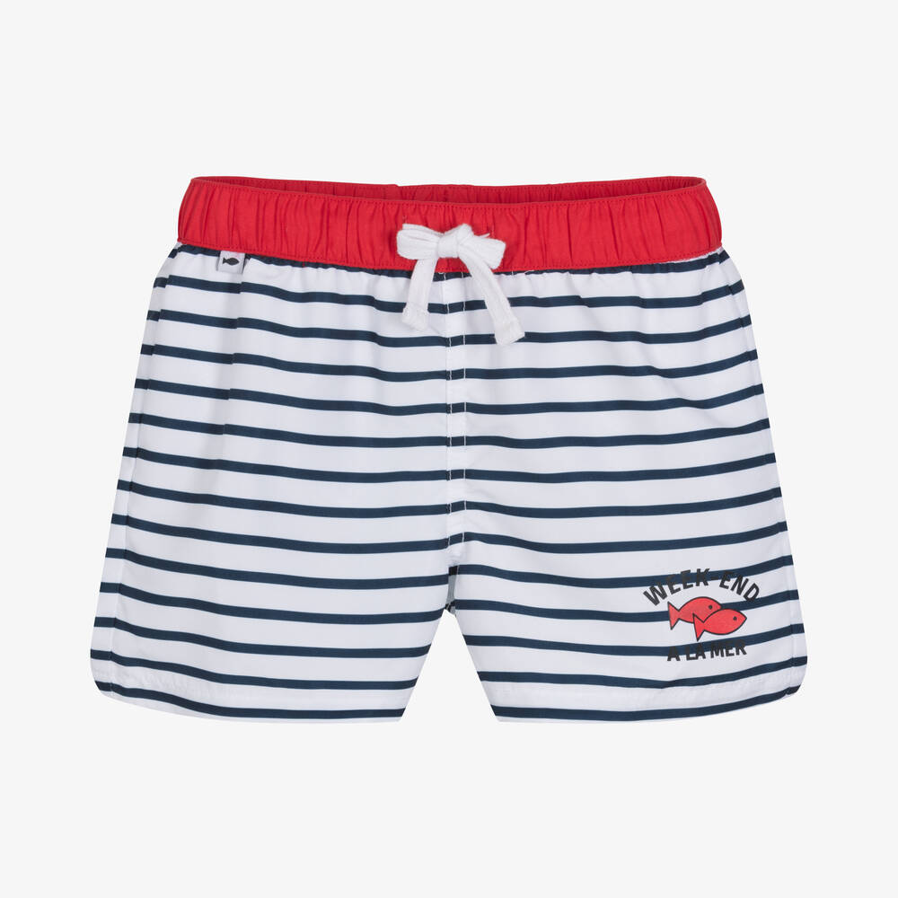 Week-end à la mer - Boys White Breton Stripe Swim Shorts | Childrensalon