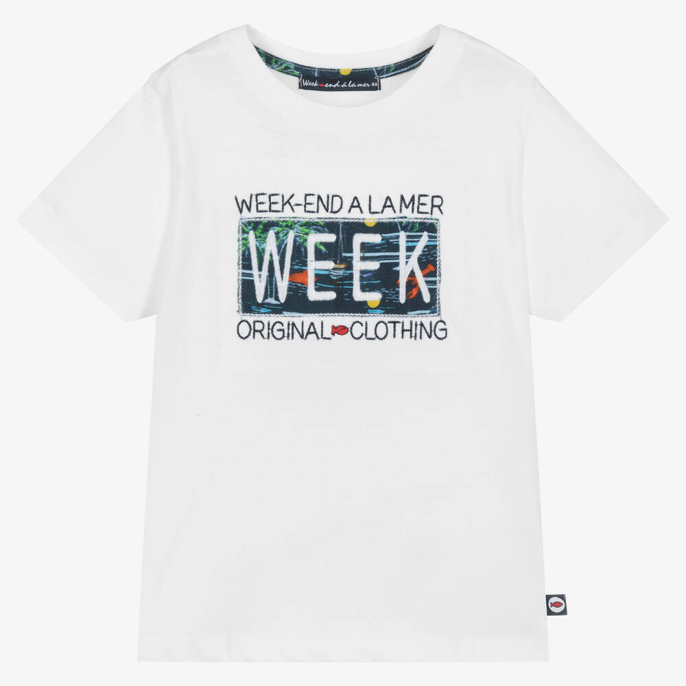 Week-end à la mer - Boys White Cotton T-Shirt | Childrensalon