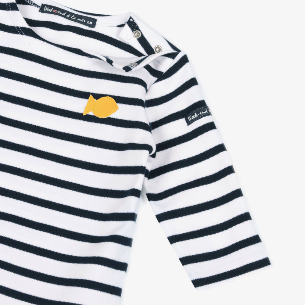Week-end à la mer-Boys White & Navy Blue Breton Stripe Cotton Top | Childrensalon Outlet