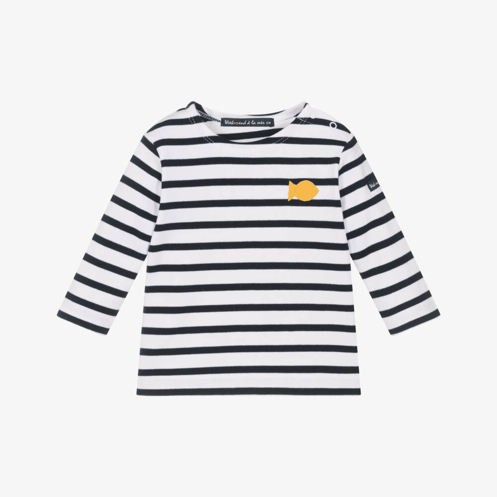 Week-end à la mer-Boys White & Navy Blue Breton Stripe Cotton Top | Childrensalon Outlet