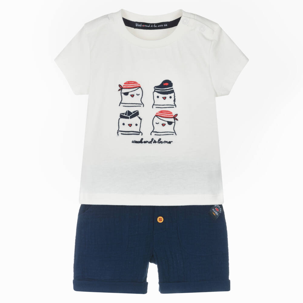 Week-end à la mer-Boys White & Navy Blue Sailor Seagull Shorts Set | Childrensalon Outlet