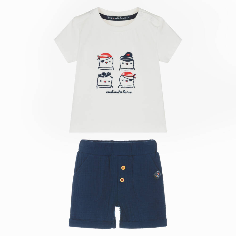 Week-end à la mer-Boys White & Navy Blue Sailor Seagull Shorts Set | Childrensalon Outlet