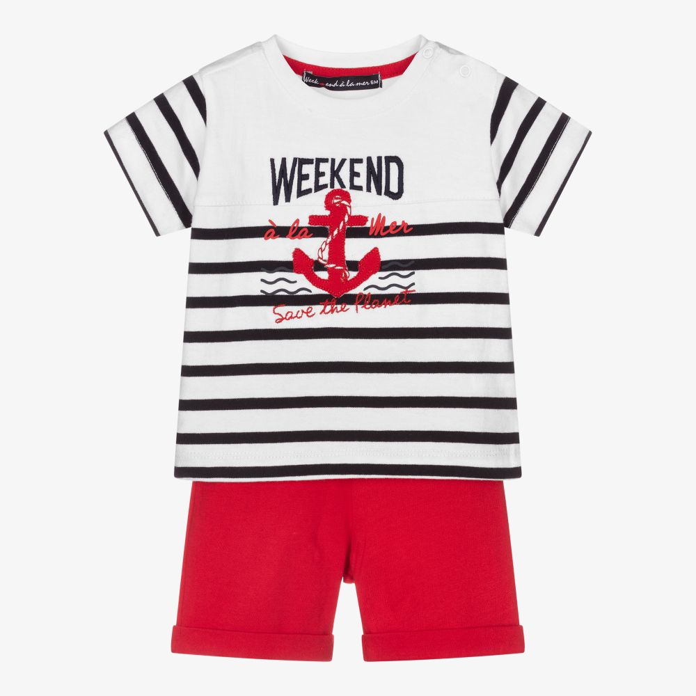 Week-end à la mer - Boys White & Red Shorts Set  | Childrensalon