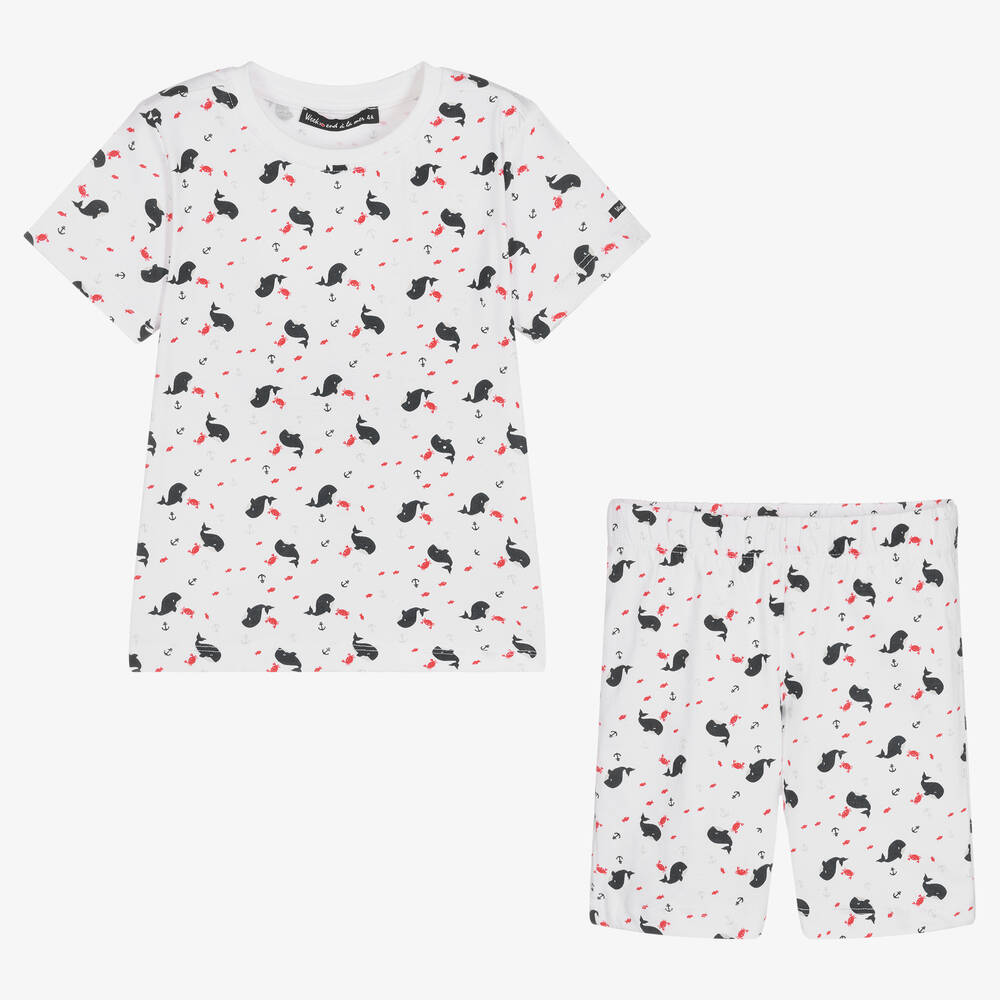 Week-end à la mer-Boys White Whale Print Shorts Set | Childrensalon Outlet