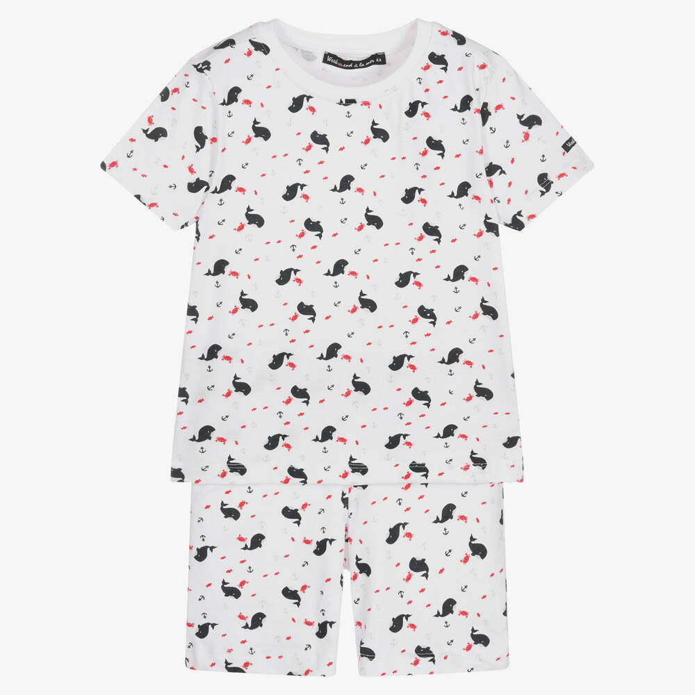 Week-end à la mer-Boys White Whale Print Shorts Set | Childrensalon Outlet