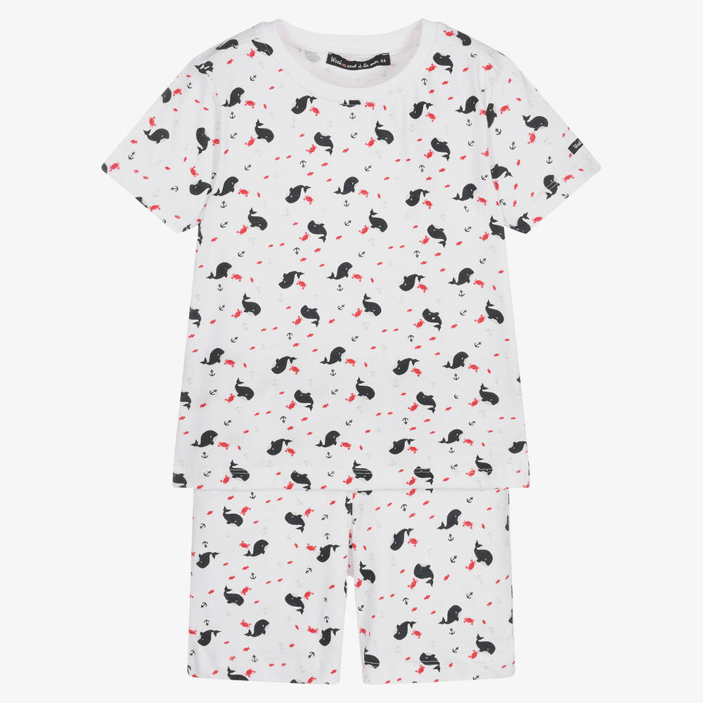 Week-end à la mer - Boys White Whale Print Shorts Set | Childrensalon