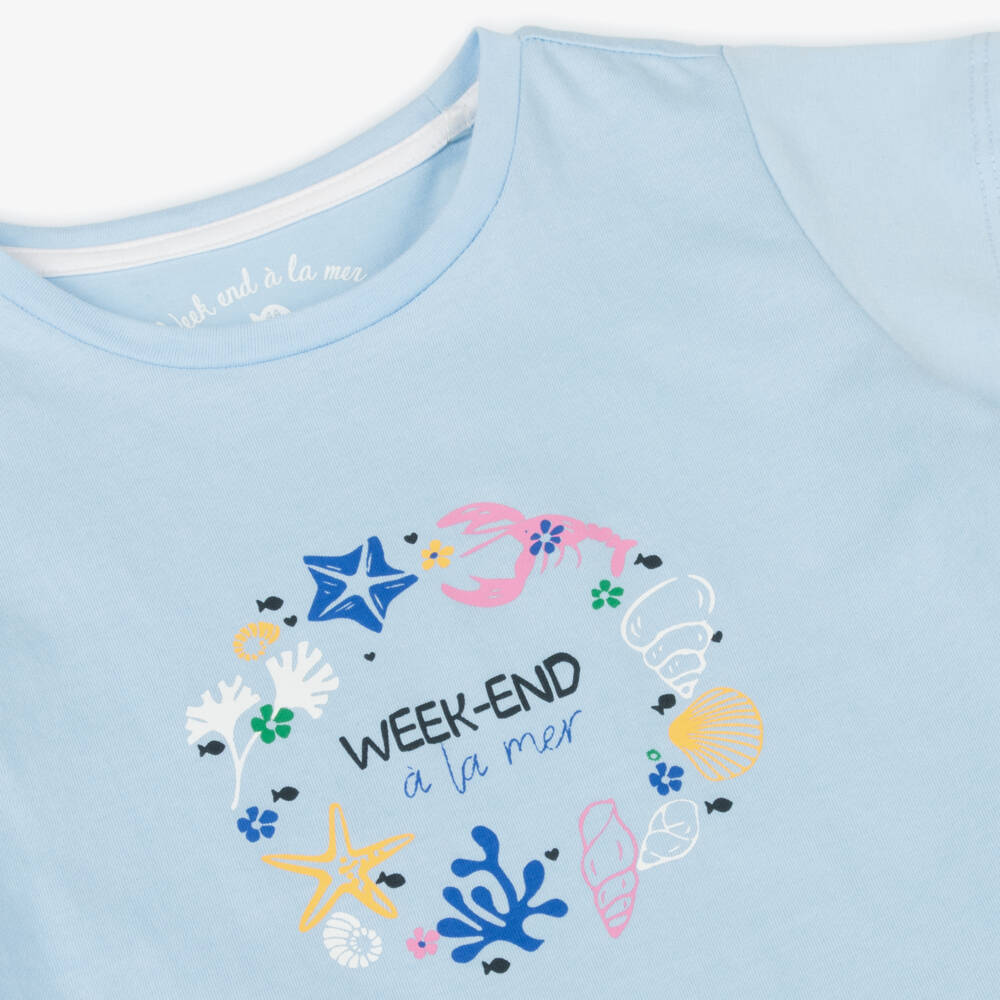Week-end à la mer-تيشيرت قطني أزرق للبنات بتصميم أصداف البحر | Childrensalon Outlet