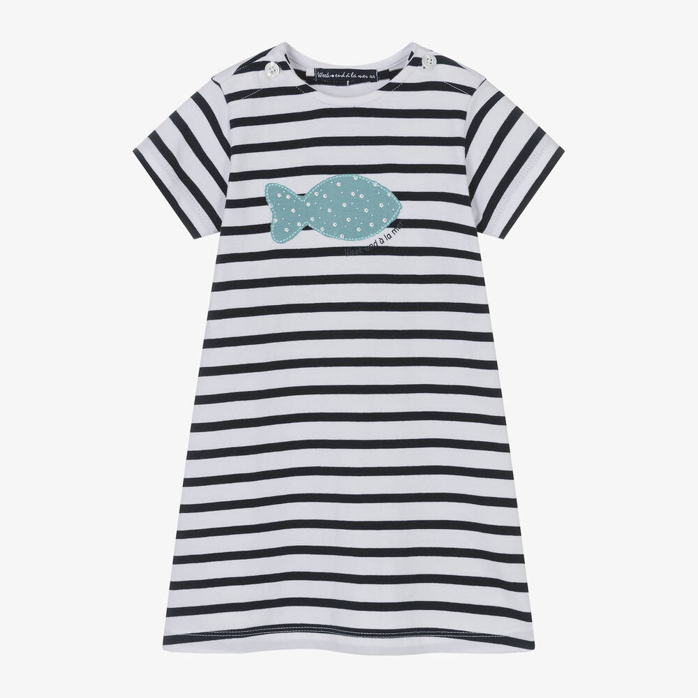 Week-end à la mer-Girls Blue Breton Stripe Cotton Dress | Childrensalon Outlet