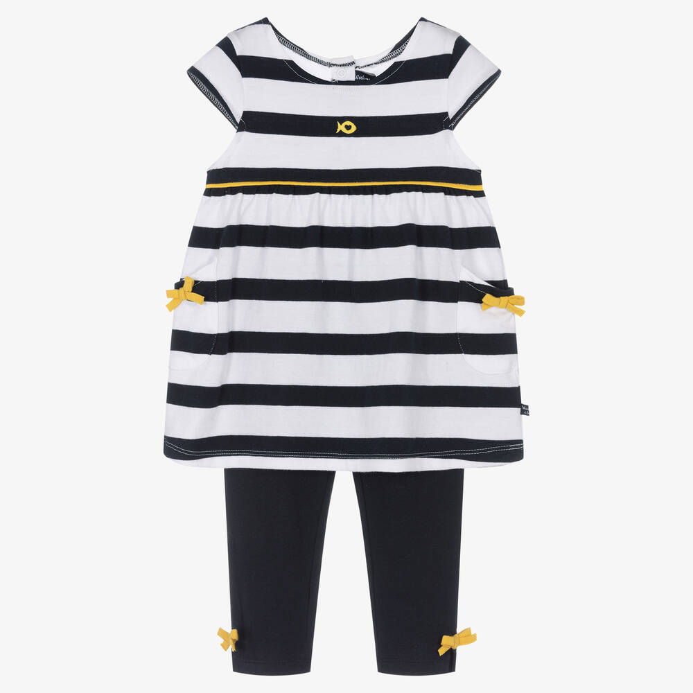 Week-end à la mer - Girls Blue Breton Stripe Cotton Leggings Set | Childrensalon