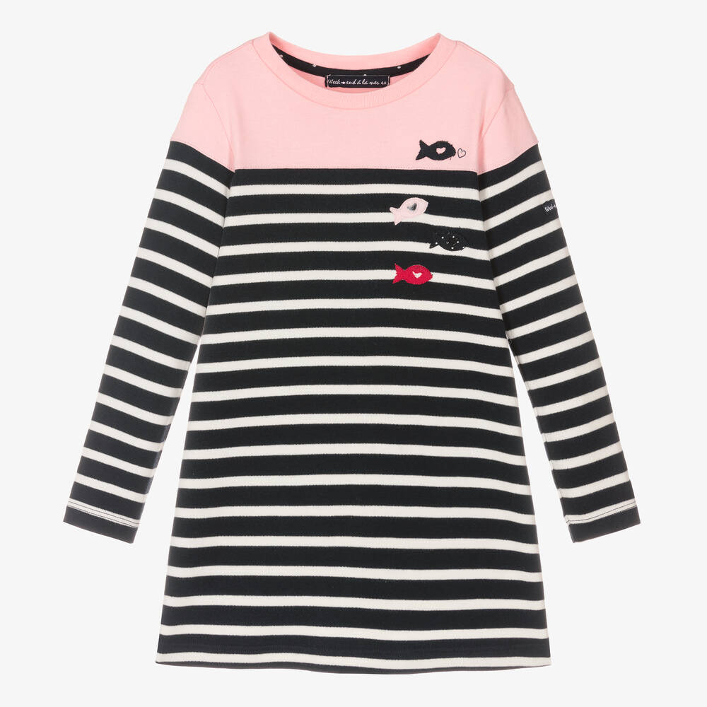 Week-end à la mer - Girls Blue Breton Stripe Dress | Childrensalon