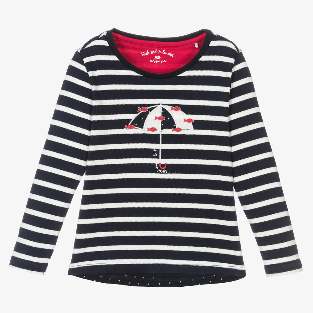 Week-end à la mer - Girls Blue Breton Stripe Top | Childrensalon