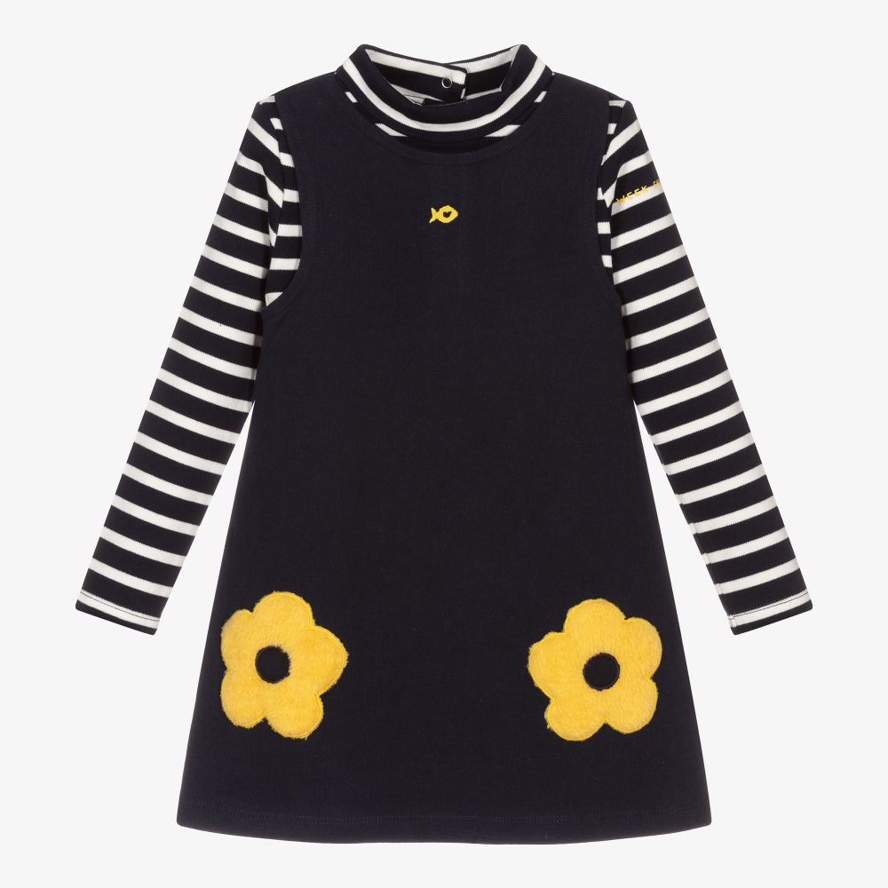 Week-end à la mer - Girls Blue Cotton Flower Dress | Childrensalon