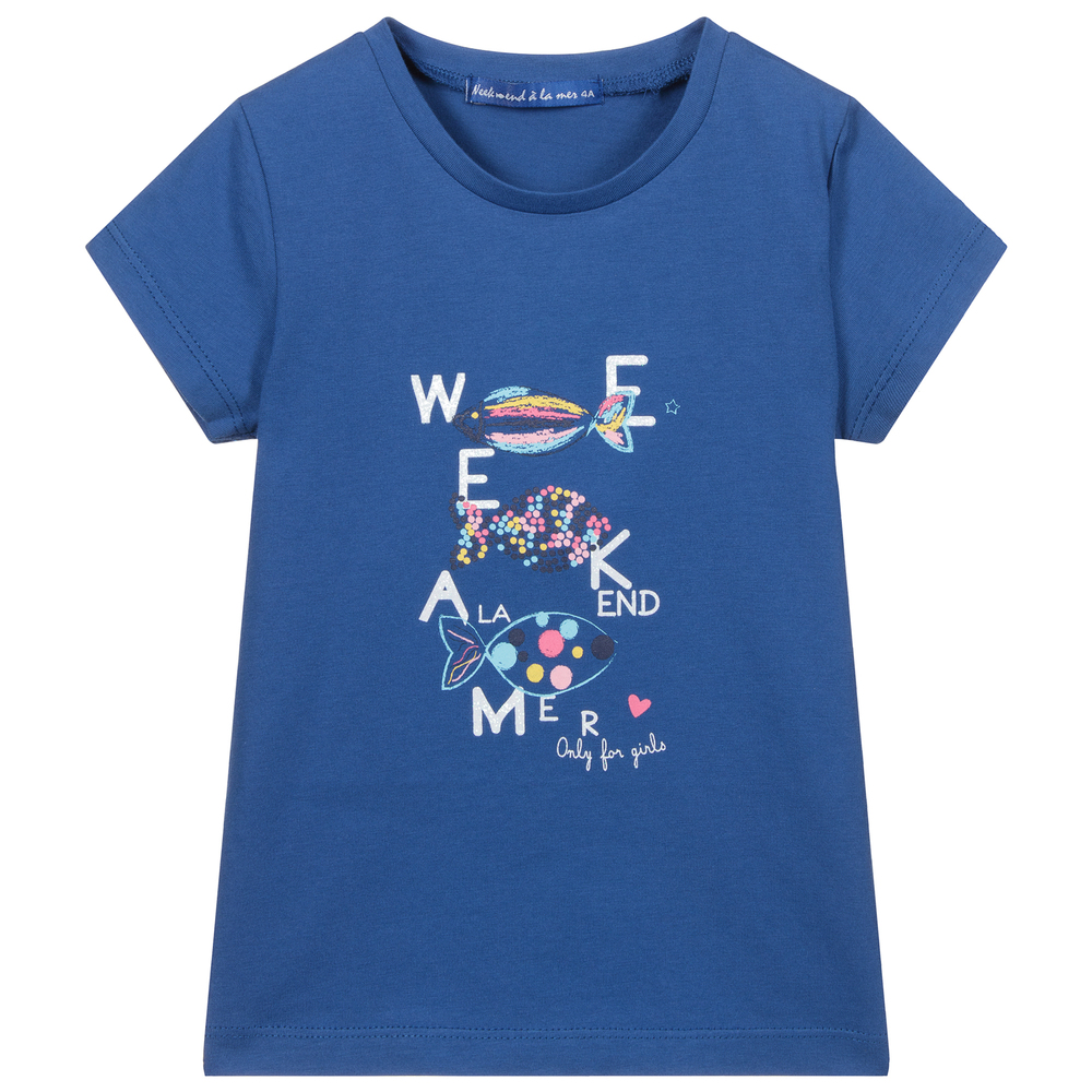 Week-end à la mer - Girls Blue Cotton T-Shirt | Childrensalon