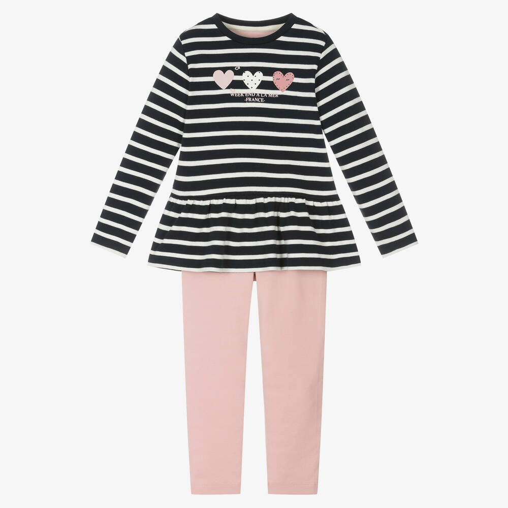 Week-end à la mer - Girls Blue Stripe Top & Pink Leggings Set | Childrensalon