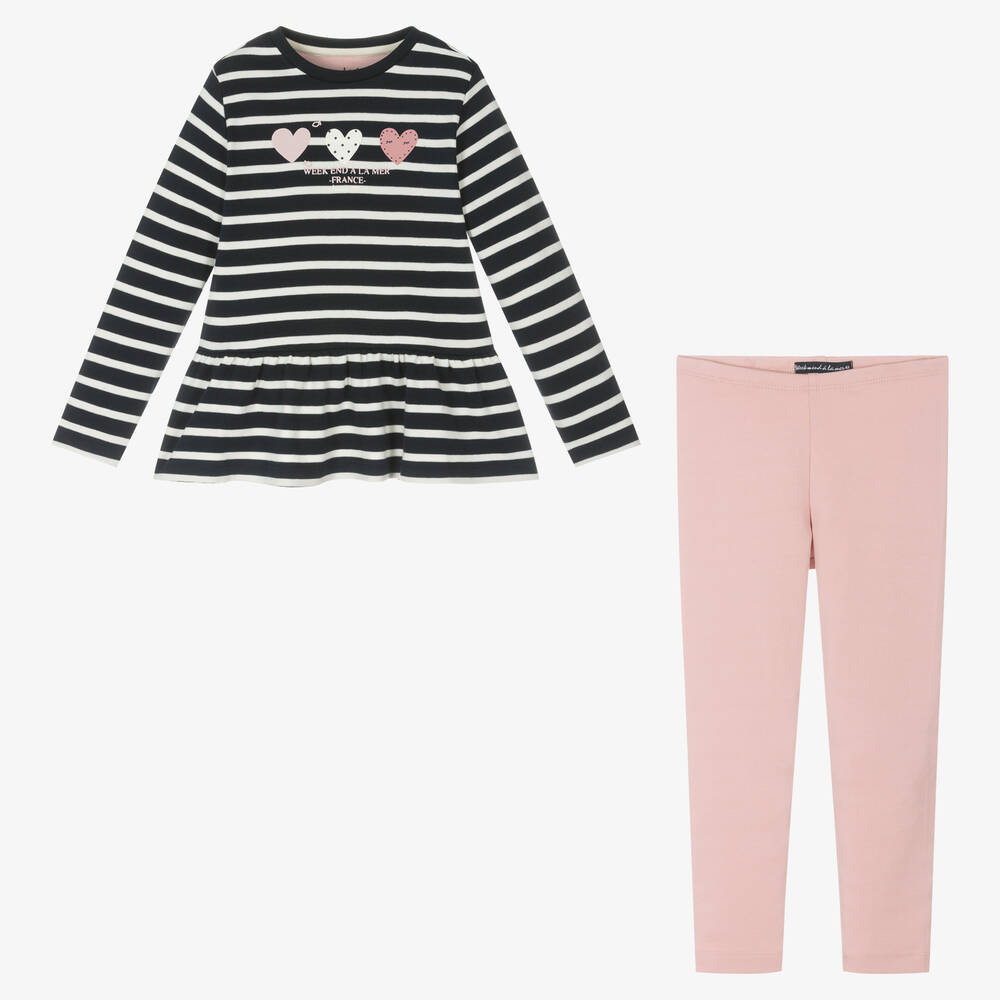 Week-end à la mer-طقم ليقنز  قطن جيرسي لون كحلي وزهري للبنات | Childrensalon Outlet