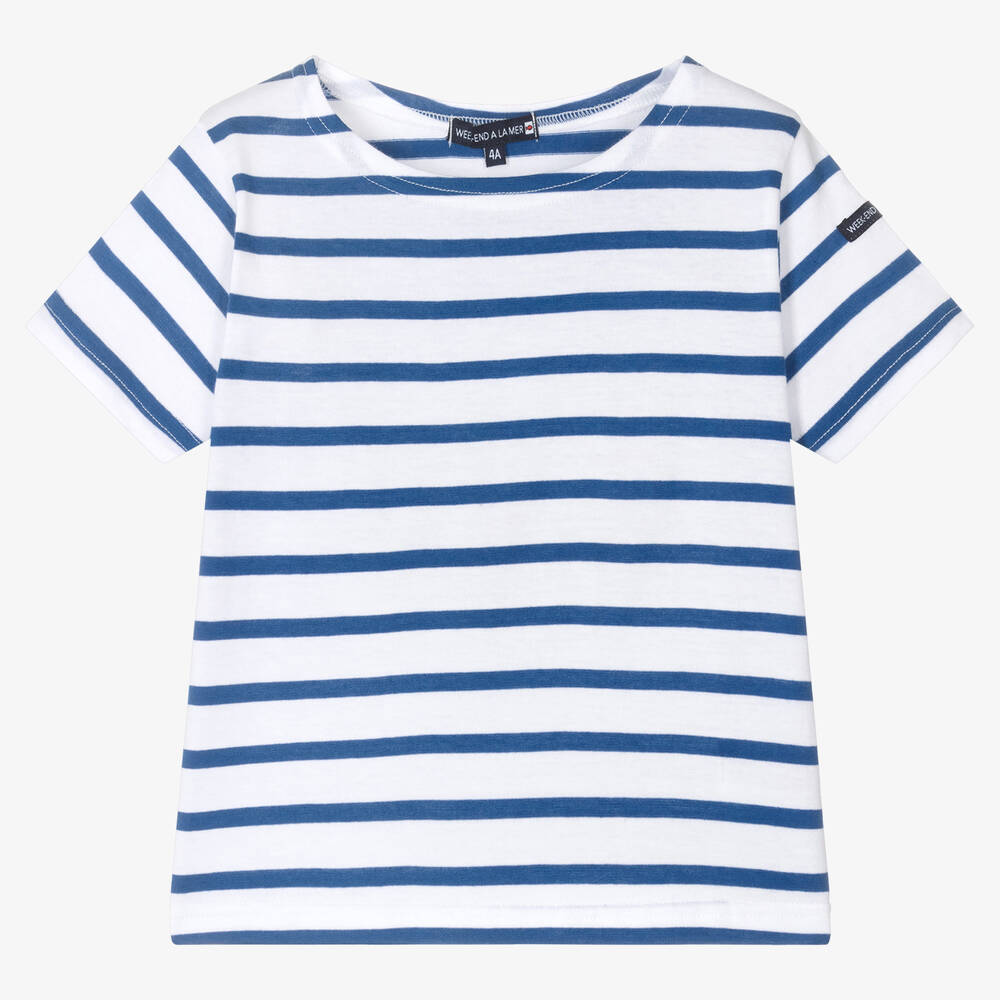 Girls Blue White Breton Stripe T Shirt