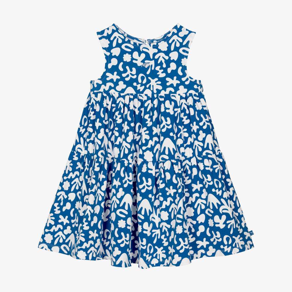 Week-end à la mer-Girls Blue & White Cotton Jersey Coral Print Sun Dress | Childrensalon Outlet
