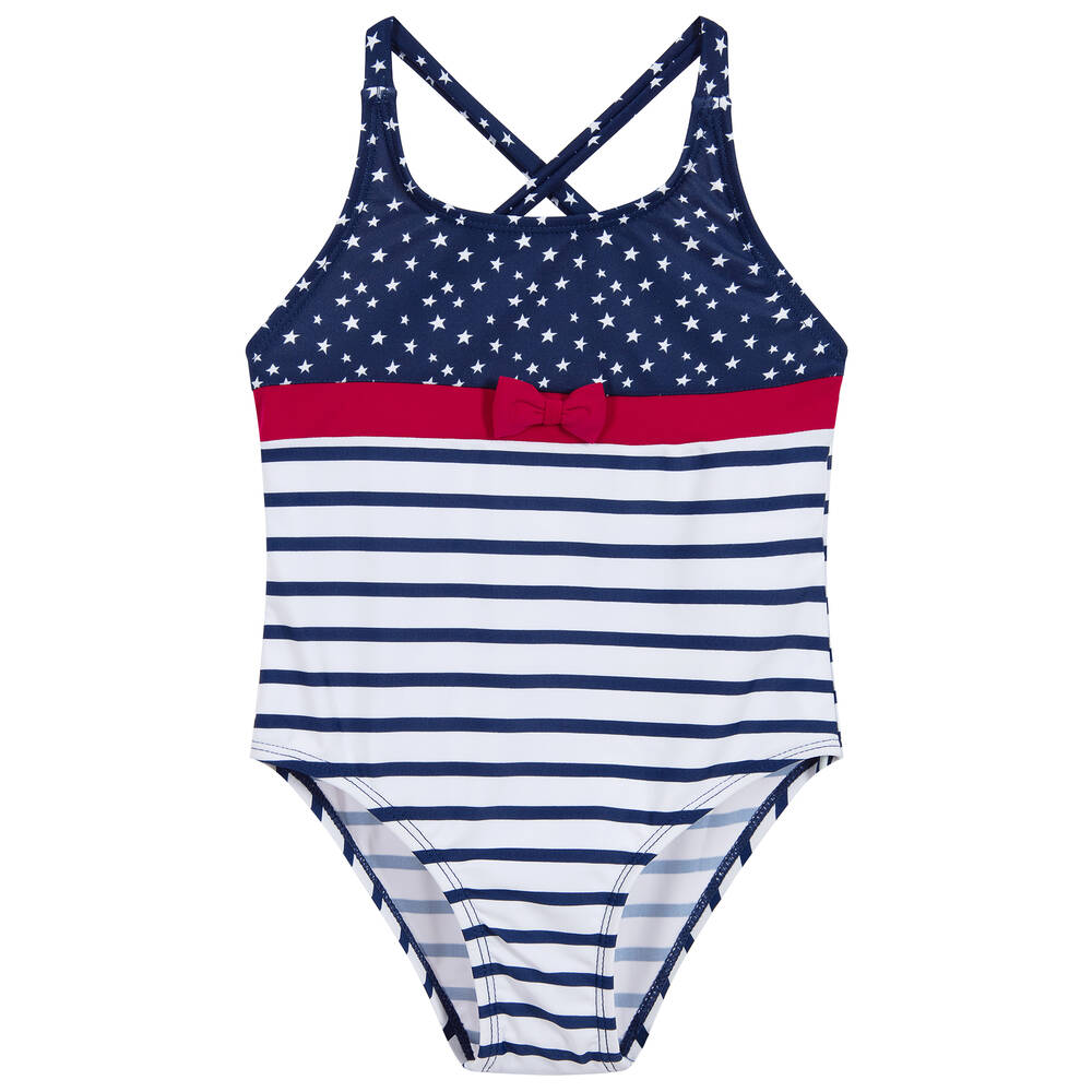 Week-end à la mer - Girls Blue & White Swimsuit | Childrensalon Outlet