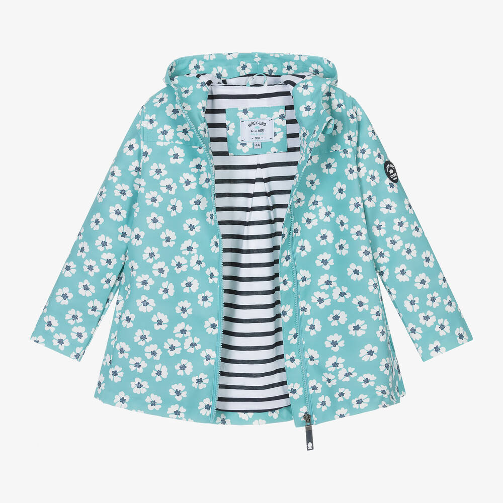 Week-end à la mer-Girls Green Floral Raincoat | Childrensalon Outlet
