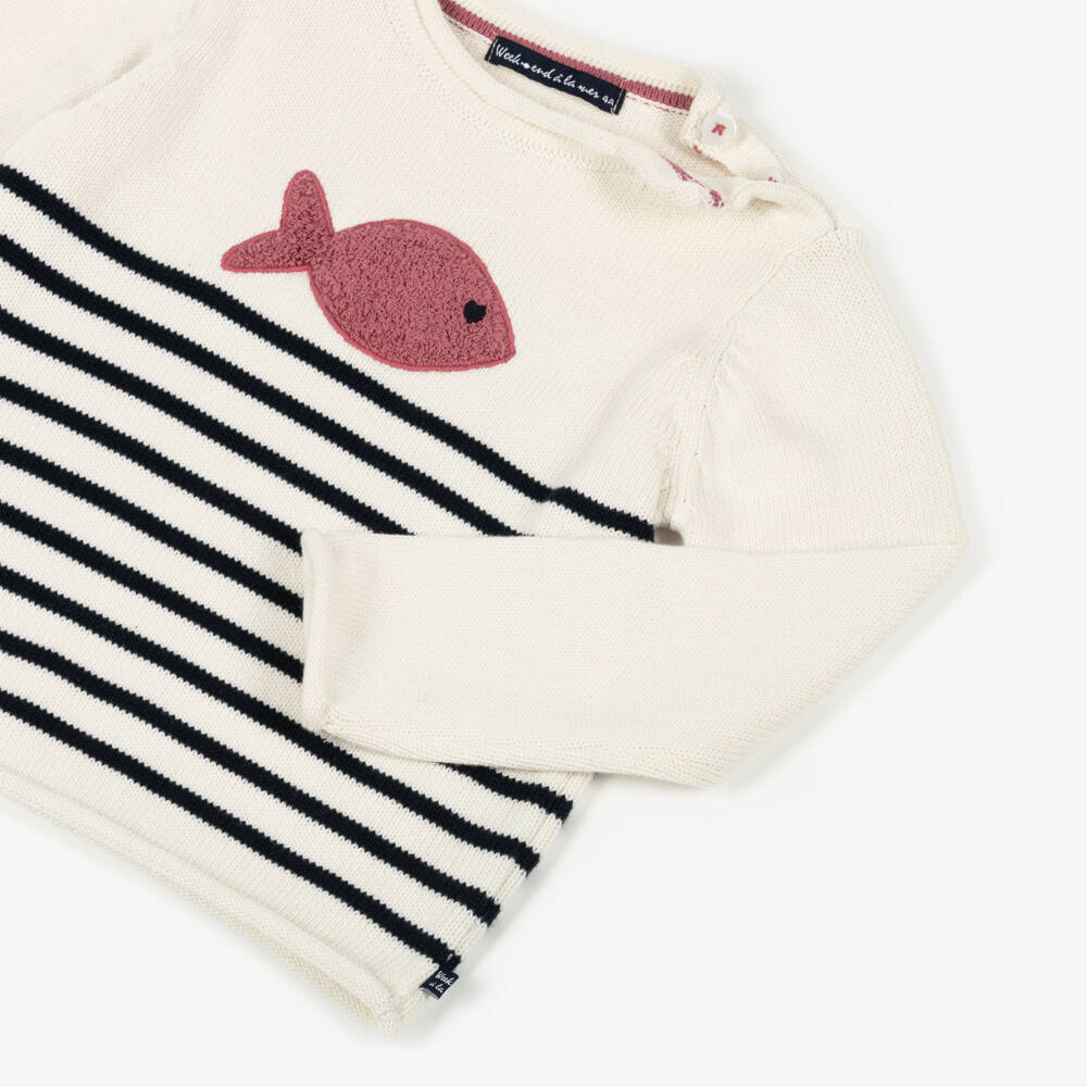Week-end à la mer-Girls Ivory & Blue Breton Stripe Cotton Jumper | Childrensalon Outlet