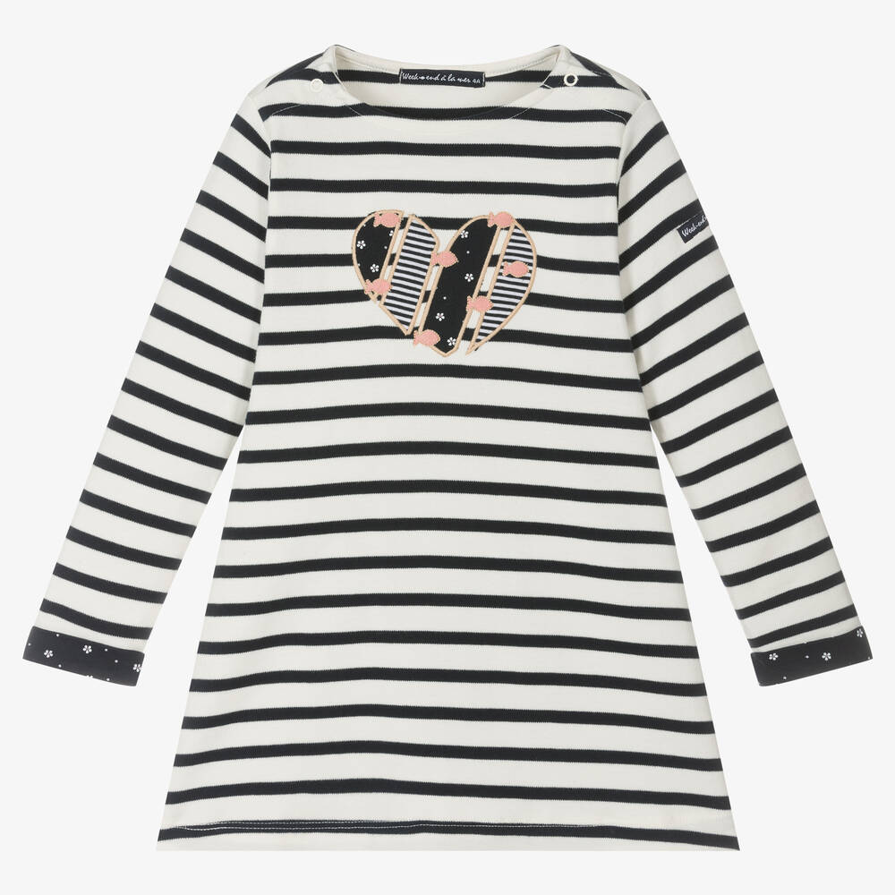 Week-end à la mer - Girls Ivory & Blue Stripe Cotton Dress | Childrensalon