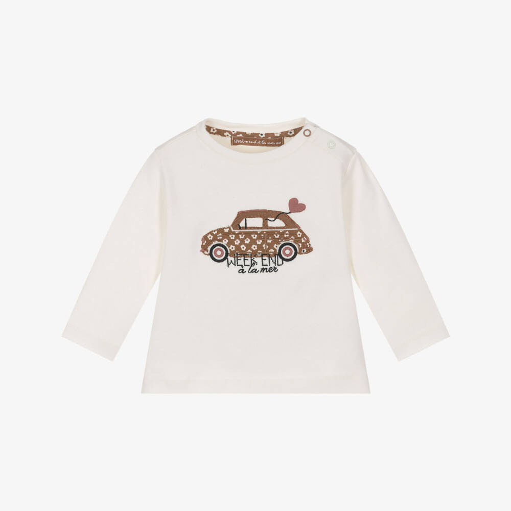 Week-end à la mer-Girls Ivory Car Motif Cotton Jersey Top | Childrensalon Outlet