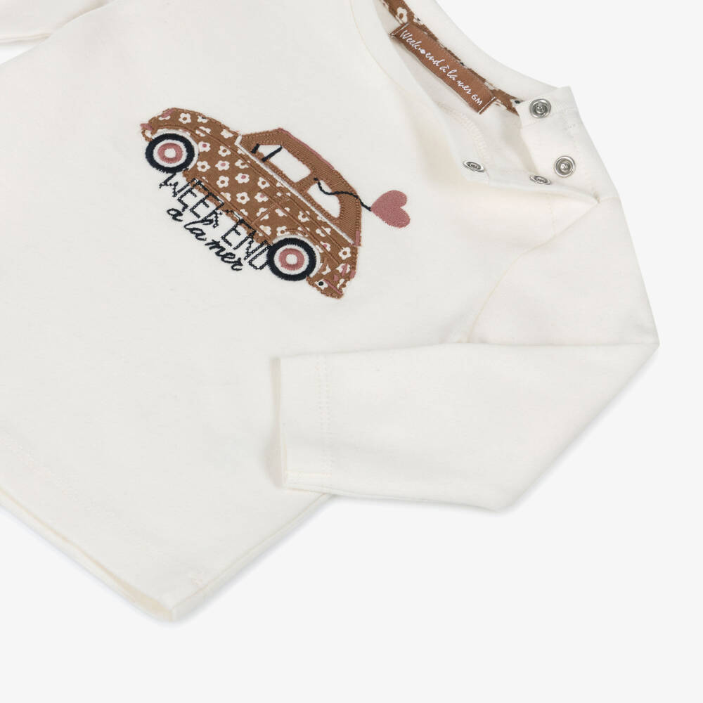 Week-end à la mer-Girls Ivory Car Motif Cotton Jersey Top | Childrensalon Outlet