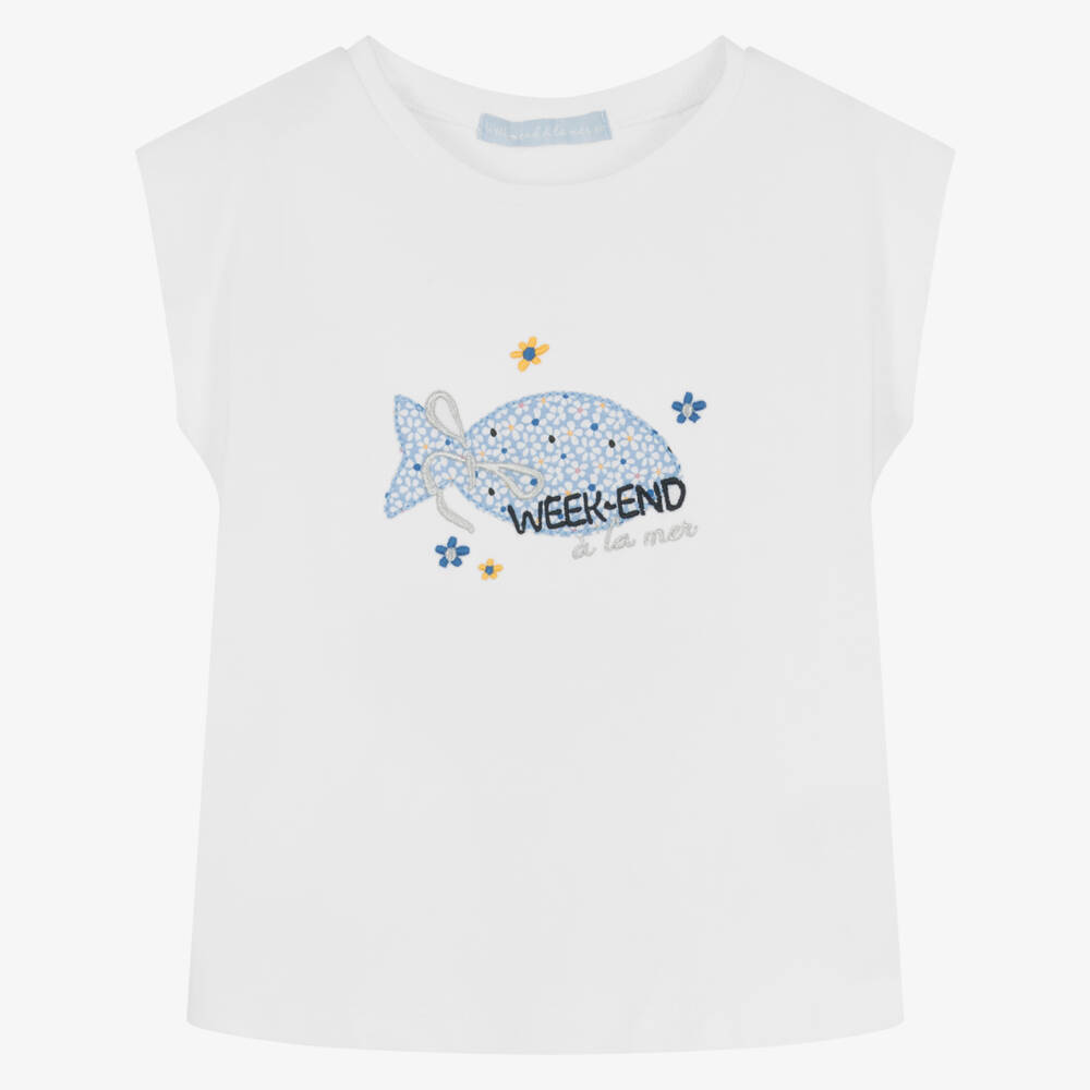 Week-end à la mer-Кремовая хлопковая футболка для девочек | Childrensalon Outlet