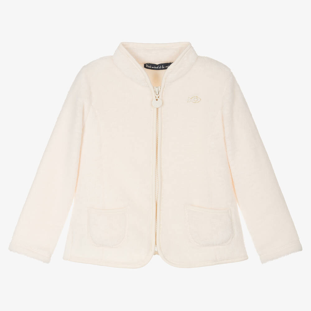 Week-end à la mer - Girls Ivory Plush Fish Zip-Up Top | Childrensalon