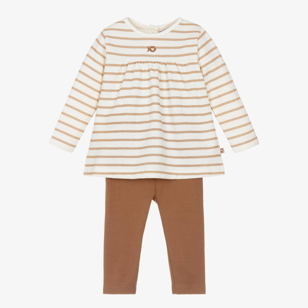 Week-end à la mer-Girls Ivory Striped Top & Brown Cotton Leggings Set | Childrensalon Outlet