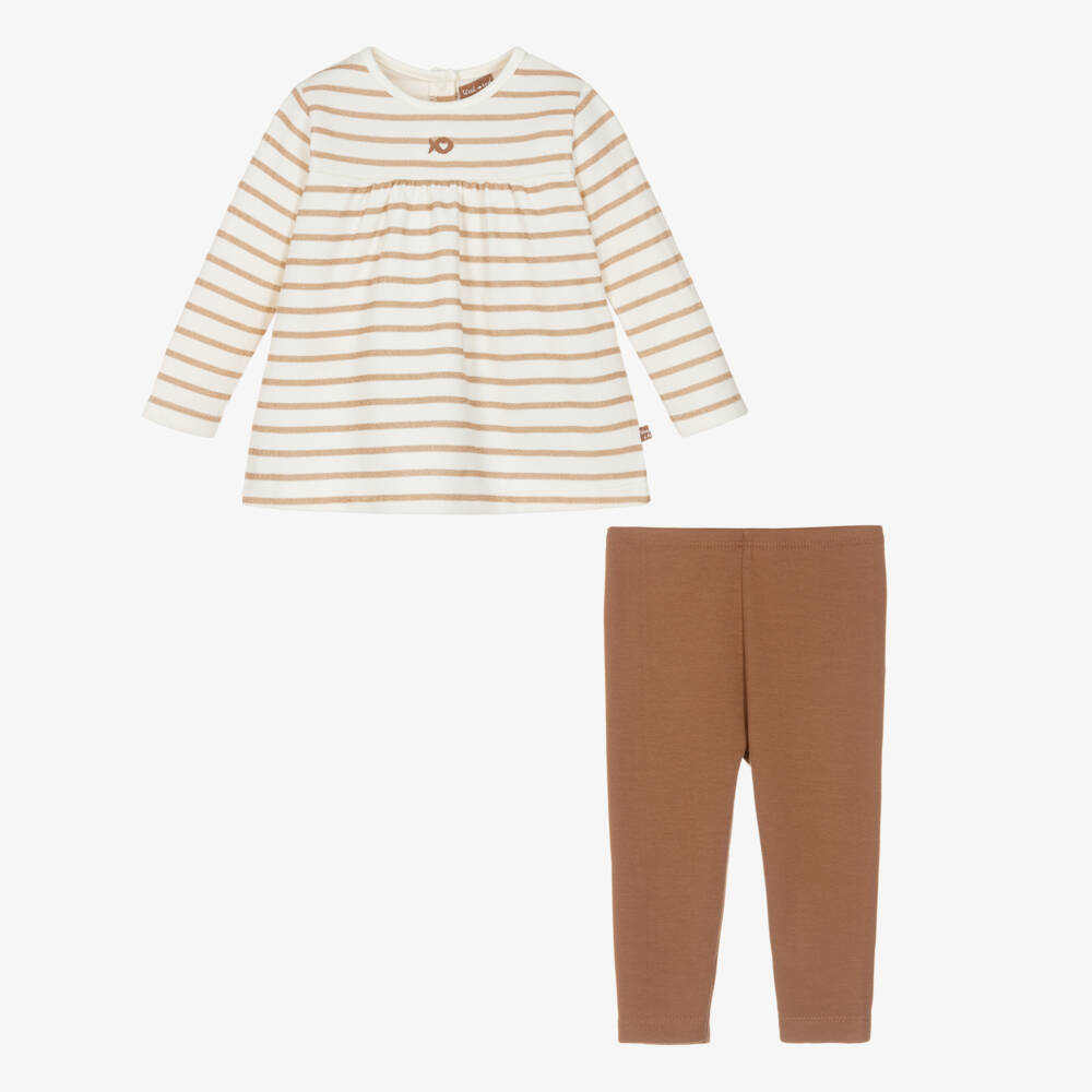 Week-end à la mer-Girls Ivory Striped Top & Brown Cotton Leggings Set | Childrensalon Outlet
