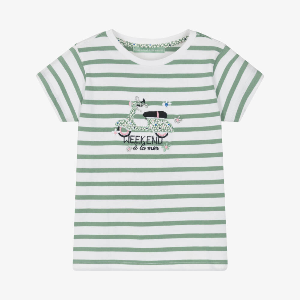 Week-end à la mer-Girls Mint Breton Stripe Tee | Childrensalon Outlet