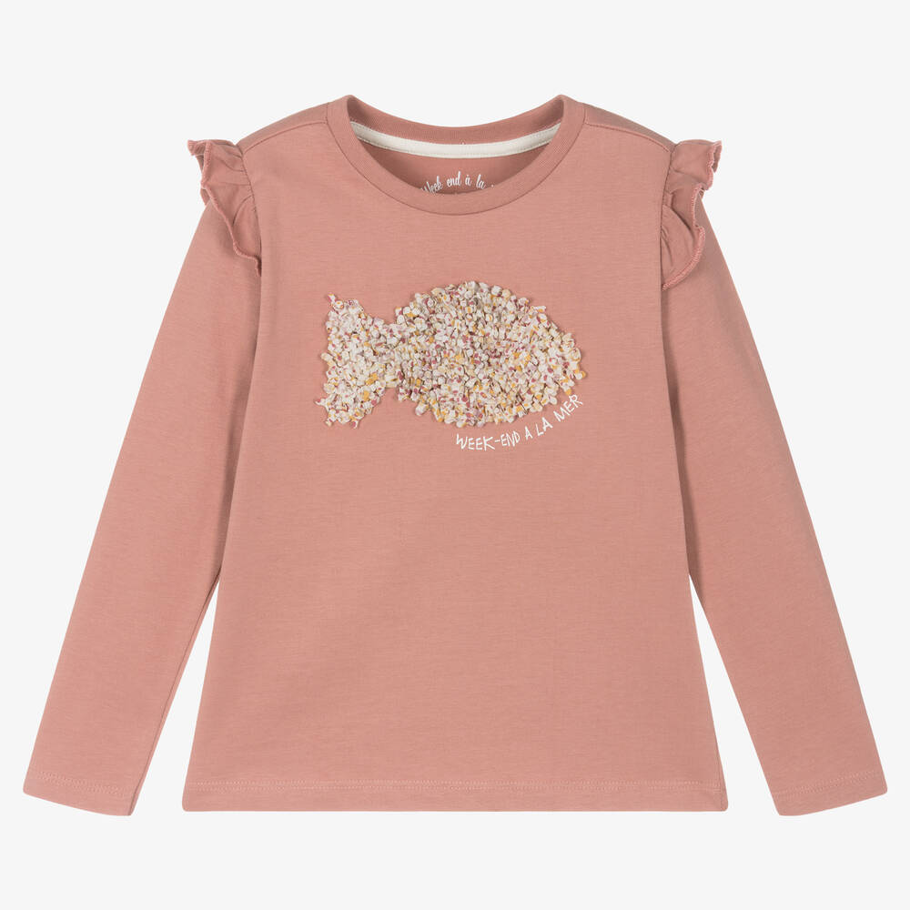 Week-end à la mer - Girls Pink Cotton Fish Top | Childrensalon