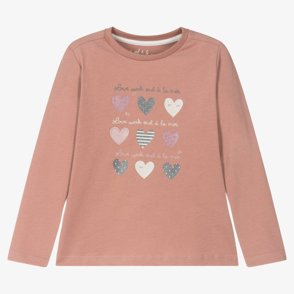 Week-end à la mer-Girls Pink Cotton Heart T-Shirt | Childrensalon Outlet
