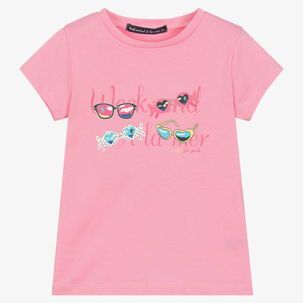 Week-end à la mer - Girls Pink Cotton Sunglasses T-Shirt | Childrensalon