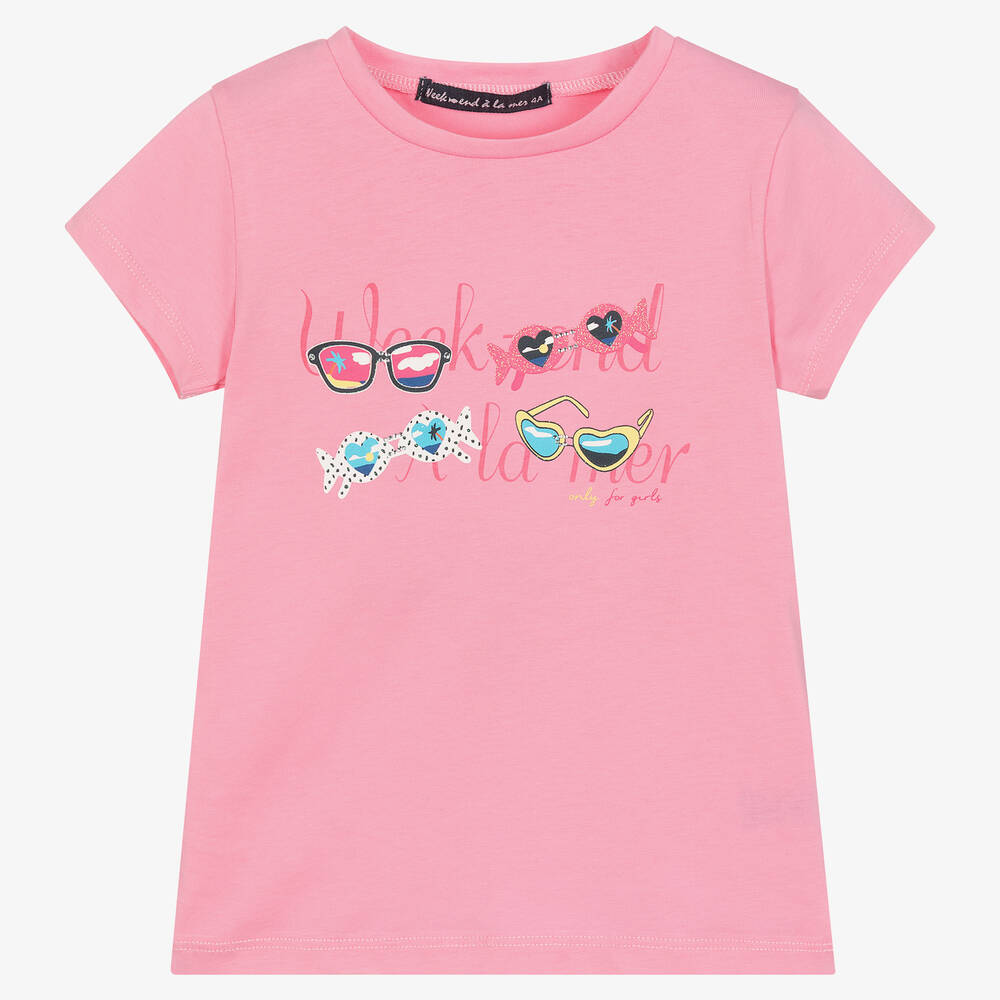Week-end à la mer-Girls Pink Cotton Sunglasses T-Shirt | Childrensalon Outlet