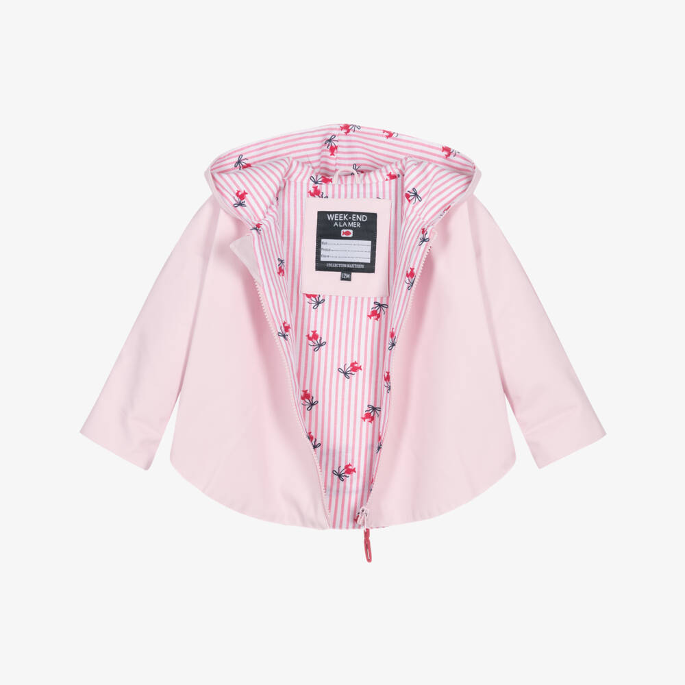Week-end à la mer-Girls Pink Hooded Rain Cape with Breton Stripe Lining | Childrensalon Outlet