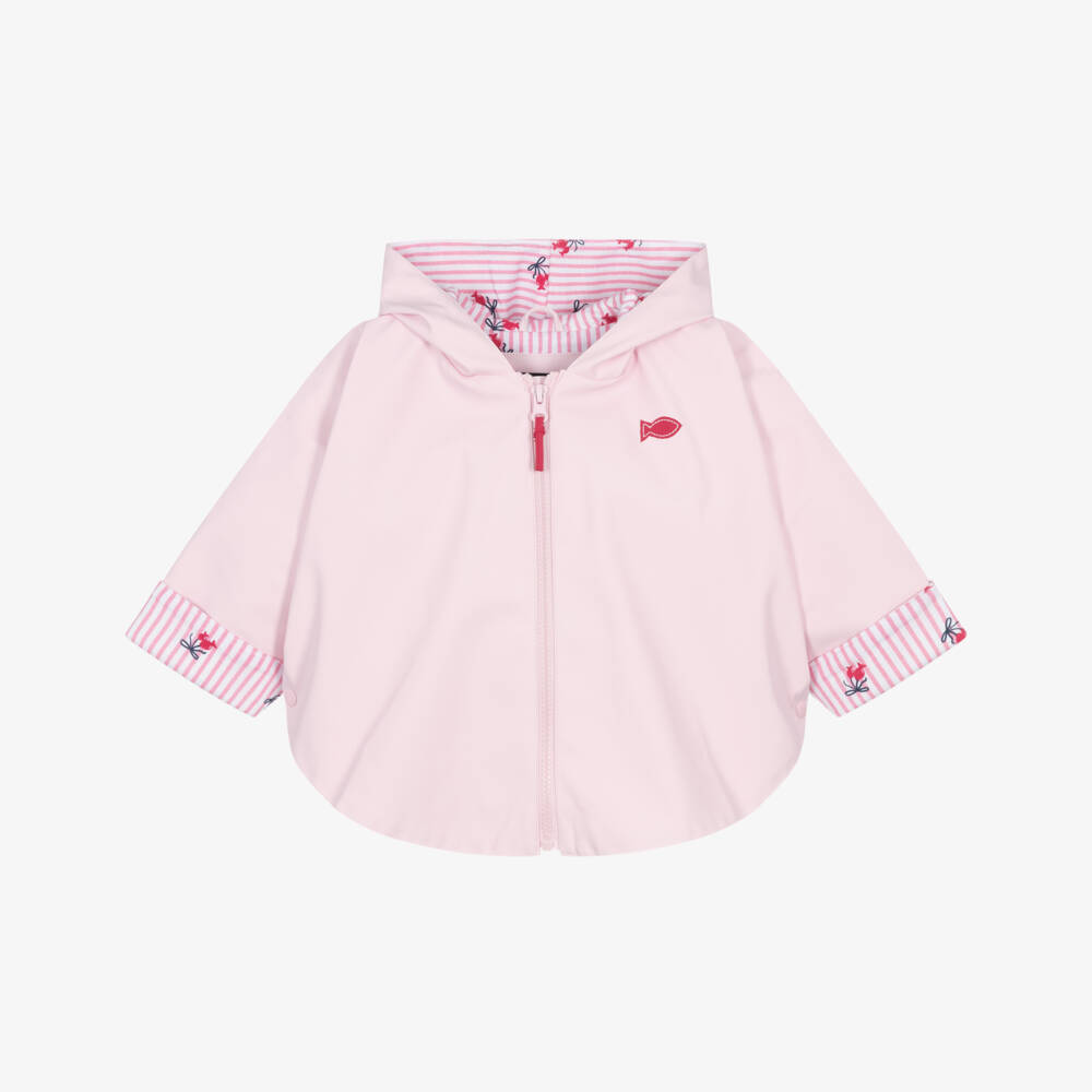 Week-end à la mer-Girls Pink Hooded Rain Cape with Breton Stripe Lining | Childrensalon Outlet