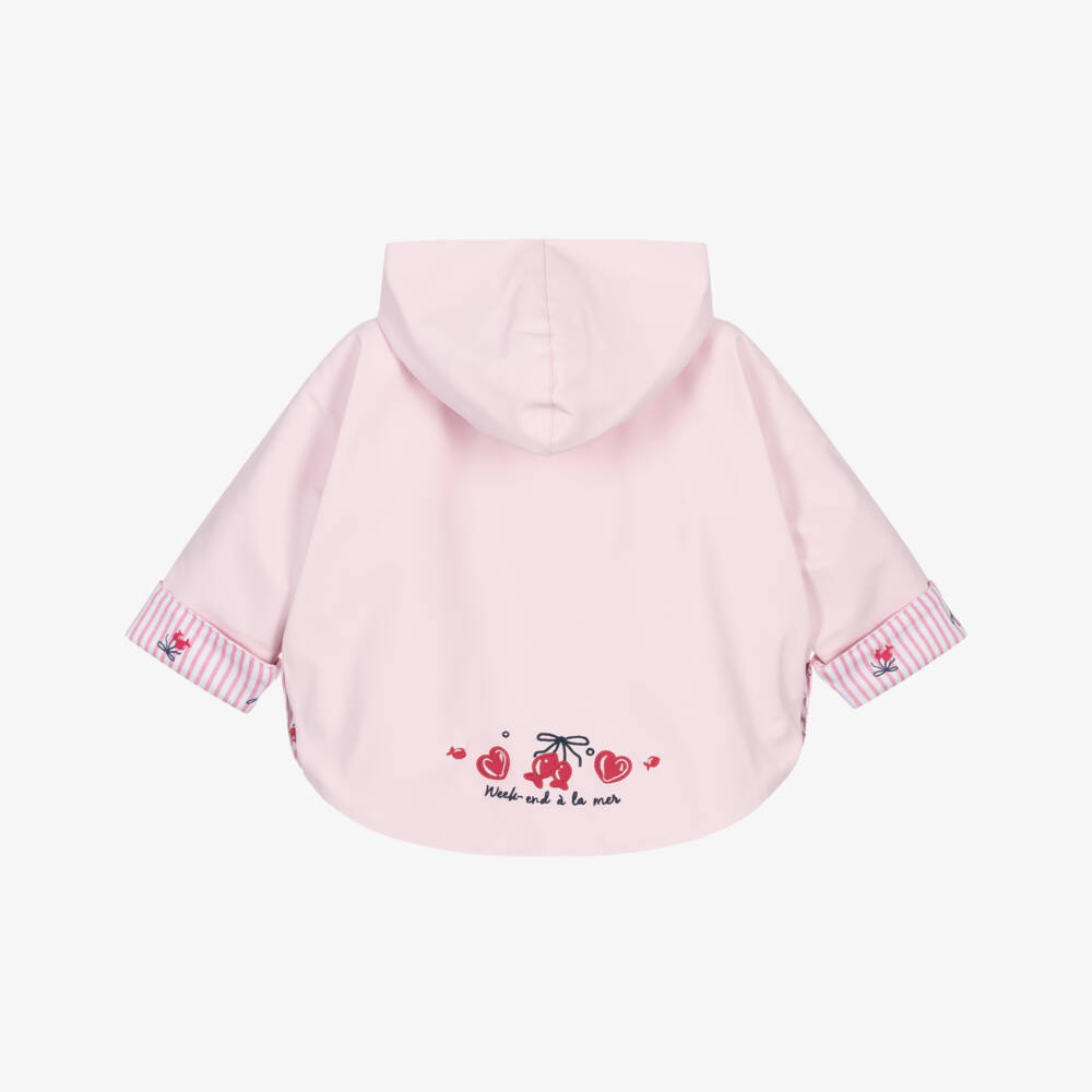 Week-end à la mer-Girls Pink Hooded Rain Cape with Breton Stripe Lining | Childrensalon Outlet
