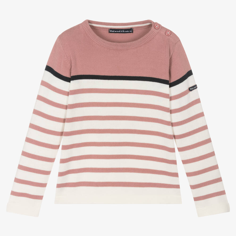 Week-end à la mer - Girls Pink & Ivory Breton Stripe Sweater | Childrensalon