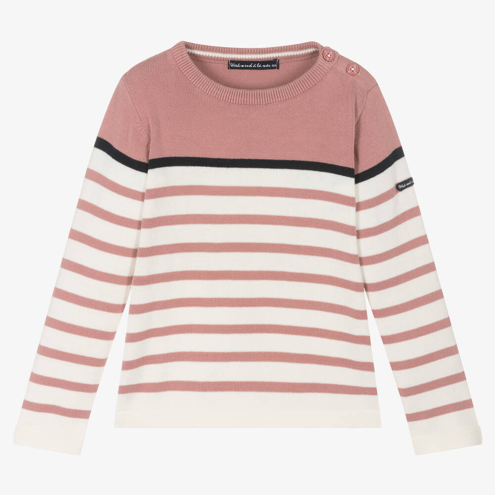 Week-end à la mer-Girls Pink & Ivory Breton Stripe Sweater | Childrensalon Outlet