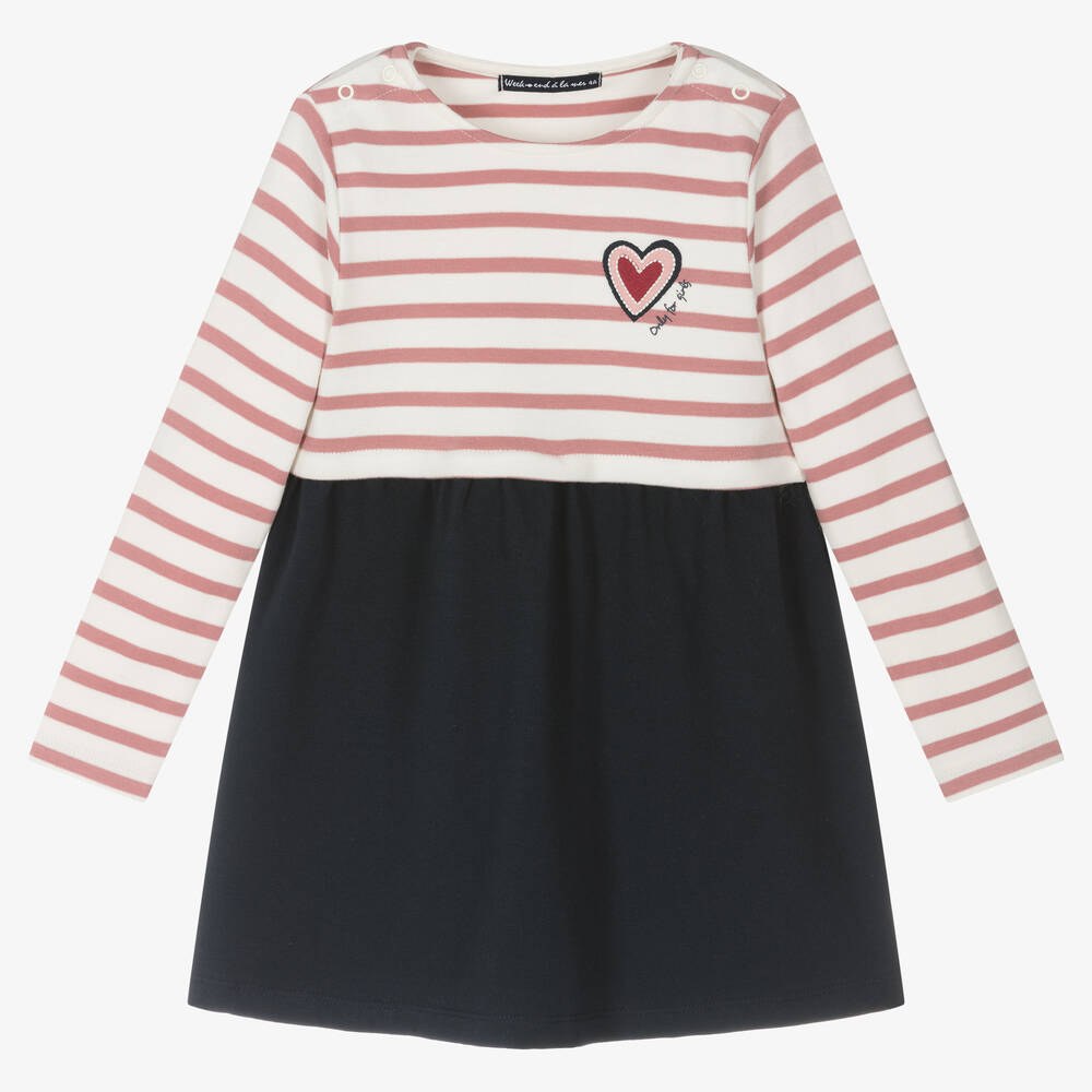 Week-end à la mer - Girls Pink Stripe & Blue Cotton Dress | Childrensalon